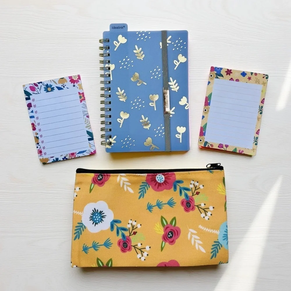 Floral Stationery Set with Blue Notebook and Yellow Pouch